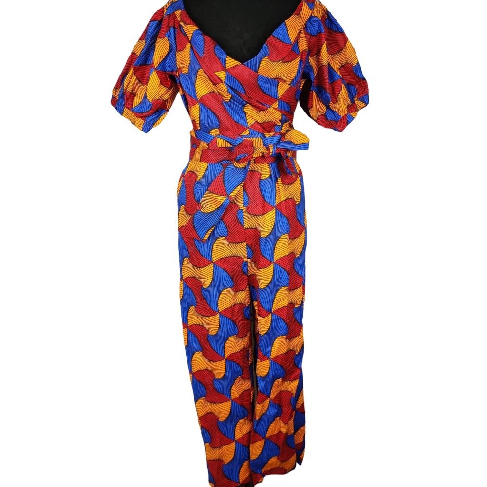 L'aviye Women's belted jumpsuit Off Shoulder sleeve African red yellow blue Sz L